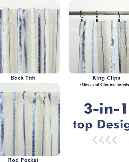 DriftAway Farmhouse Linen Blend Blackout Curtains 54 Inches Long for Bedroom Vertical Striped Printed Linen Curtains Thermal Insulated Lined Treatments for Living Room 2 Panels W52 x L54 Linen Navy