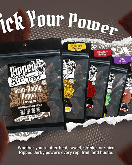 Ripped Beef Jerky - 100% Grass Fed Beef, 20g Protein, Real Ingredients, Gluten Free, No MSG, Made in USA (Pack of 3, Peppered)