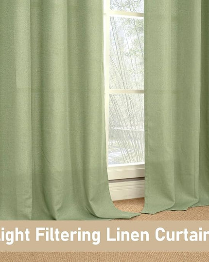 LAMIT Natural Linen Thermal Curtains for Living Room, Grommet Thick Light Reducing Curtains Window Light Filtering Panels for Bedroom/Farmhouse, Set of 2 Panels, W52 x L72, Sage Green