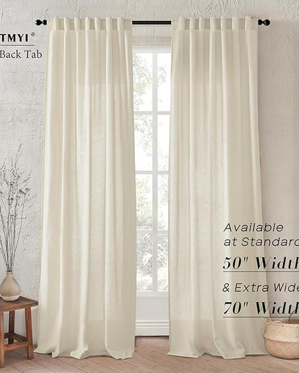 XTMYI Tan Beige Curtains 84 Inches Long for Living Room,Sheer Linen Hooks Pleated Back Tab Light Filtering Semi Opaque Curtains for Bedroom,Set of 2 Panels