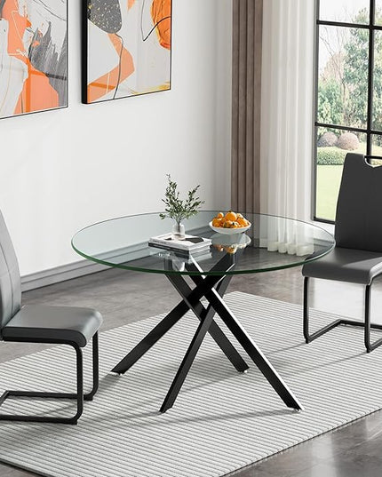 HomVent 3 Piece Round Glass Dining Table Set, Round Glass Kitchen Table Set for 2 with 2 PU Upholstered Dining Chairs for Kitchen Dining Room