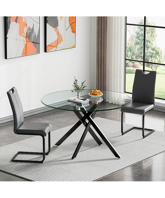 HomVent 3 Piece Round Glass Dining Table Set, Round Glass Kitchen Table Set for 2 with 2 PU Upholstered Dining Chairs for Kitchen Dining Room