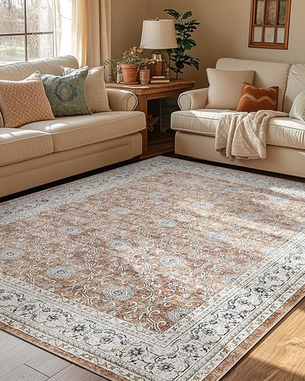 jinchan Floral 5x7 Area Rugs for Bedroom - Machine Washable Vintage Distressed Boho Design Throw Rug Stain Resistant Carpet Low-Pile Thin Non-Slip for Nursery Living Room Dining Room (5‘x7', Orange)