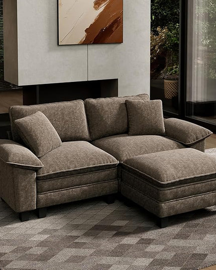 HERA'S HOUSE 88" Modular Sectional Sofa, L Shaped Couches for Living Room, Comfy Cloud Couch with Ottoman, 3-Seater Deep Seat Sofa with Throw Pillow, Chenille Ash