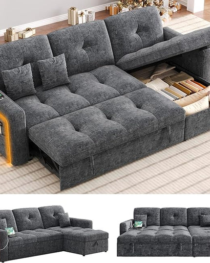 HIFIT LED Sectional Sleeper Sofa with Pull Out Couch Bed, Convertible L Shaped Sofa w/Storage Chaise, Adjustable Backrest & USB, 80'' Comfy Chenille Sectional Couch for Living Room Apartment, Grey