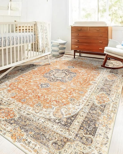 5x7 Area Rugs Washable,Boho Rug for Living Room Bedroom Kitchen,Large Vintage Bohemian Farmhouse Distressed Carpet Non Slip,Retro Orange Grey Floral