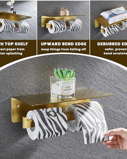 Suyar Toilet Paper Holder Brushed Gold, SUS 304 Stainless Steel Bathroom Double Toilet Paper Roll Holder with Shelf, Wall Mounted
