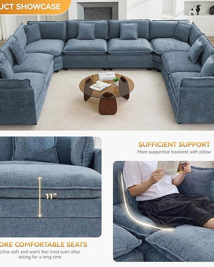 147'' Oversized U Shaped Cloud Sectional Sofa, Chenille Deep Seat Couches for Living Room, Comfy Upholstered Modular Sectional Sofa Couch, Blue