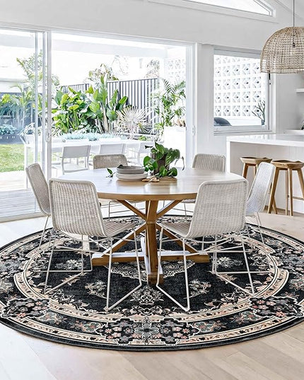 MUJOO Black Round Rug 6ft,Circle Washable Area Rugs for Bedroom Living Room Bathroom,Boho Large Vintage Bohemian Distressed Farmhouse Non Slip Circular Carpet,Floral
