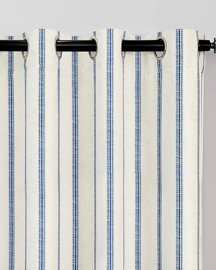 DriftAway Farmhouse Linen Blend Blackout Curtains 63 Inches Long for Bedroom Vertical Striped Printed Linen Curtains Thermal Insulated Lined Treatments for Living Room 2 Panels W52 x L63 Navy