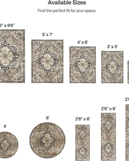 ReaLife Rugs Machine Washable Area Rug - Living Room Bedroom Bathroom Kitchen Entryway Office - Padded Low Pile Stain Resistant Premium - Boho Farmhouse Vintage - Joy - Brown Beige 7'6" x 9'6"