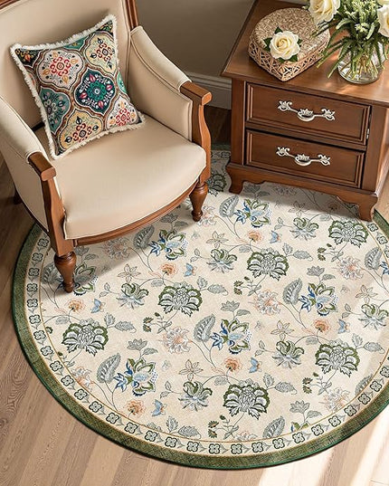 jinchan Elora 4ft Floral Round Rug for Entryway Washable Rug Vintage Romance Christmas Design Non Slip Indoor Doormat Lightweight Low-Profile Throw Carpet for Living Room Dining Room, Green/Beige