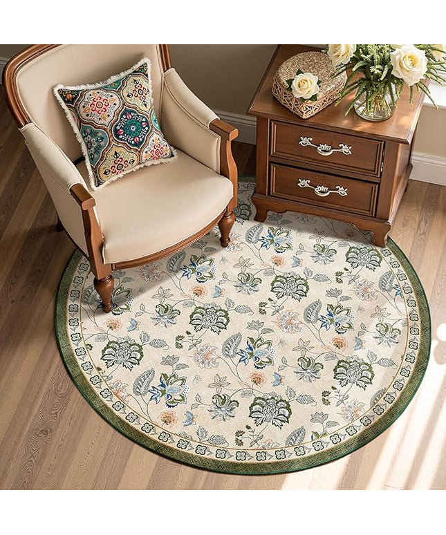 jinchan Elora 4ft Floral Round Rug for Entryway Washable Rug Vintage Romance Christmas Design Non Slip Indoor Doormat Lightweight Low-Profile Throw Carpet for Living Room Dining Room, Green/Beige