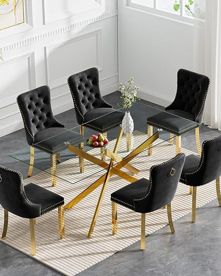 Rectangle Glass Dining Table Set for 6, 60'' Kitchen Table and Chairs Set, 7PCS Modern Dining Room Table Set with 6 Velvet Dining Chair for Home