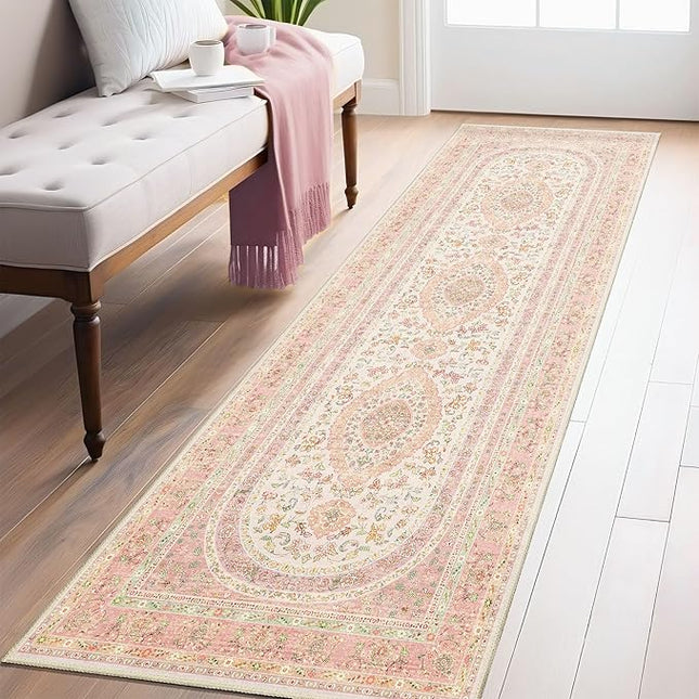 Washable Runner Rug 2x8,Pink Rug Runners Non Slip,Long Boho Rugs for Hallways Kitchen Bedroom Entryway Living Room Bathroom,Vintage Bohemian Distressed Farmhouse Floor Carpet,Blush Floral