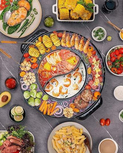 Food Party Hot Pot with Grill 2 in 1 Electric Smokeless Grill and Hotpot Pot Combo Korean BBQ Grill 110V 1700W