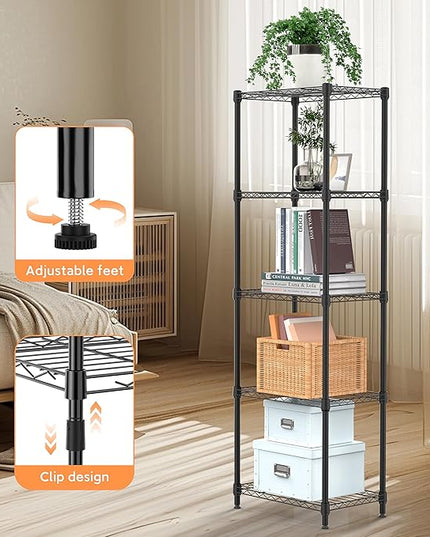 5 Tiers Shelf Metal Storage Shelves Wire Rack Closet Organizers with Wheel for Garage Kitchen Bathroom Laundry Black 11.8" D x 17.7" W x 55" H