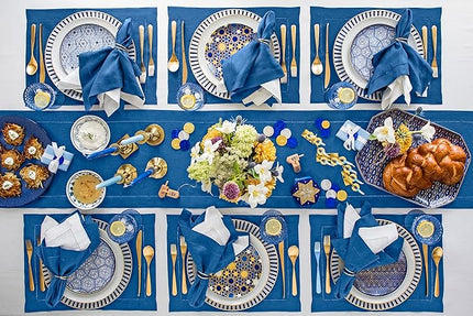 Solino Home Linen Placemats Set of 4 - Classic Hemstitch Indigo Blue Placemats 14 x 19 Inch - 100% Pure Linen Table Mats for Christmas, Holiday, Winter, New Year