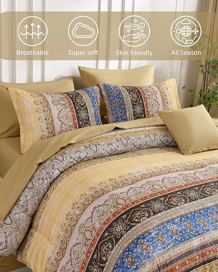 Cottolester Boho King Size Comforter Set 8 Pieces, Yellow Bohemian Striped Bed in a Bag, Paisley Soft Microfiber Bedding Comforter Set