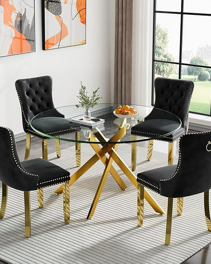 Round Glass Dining Table Set for 4, 47'' Clear Circular Kitchen Table and Chairs Set, 5PCS Modern Circle Dining Room Table Set with 4 Velvet Dining Chair for Home