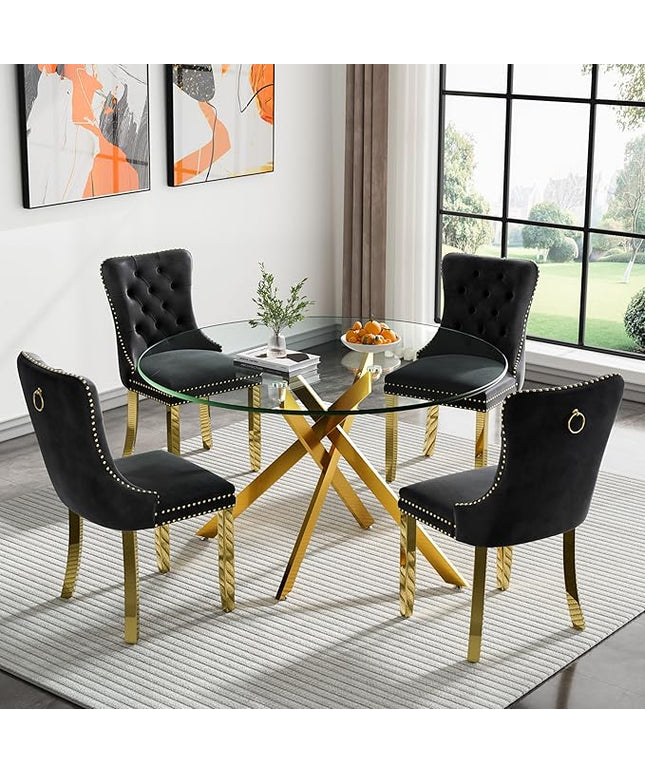 Round Glass Dining Table Set for 4, 47'' Clear Circular Kitchen Table and Chairs Set, 5PCS Modern Circle Dining Room Table Set with 4 Velvet Dining Chair for Home