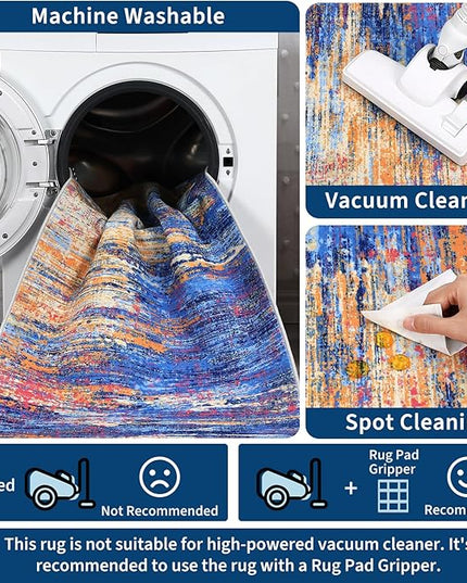 Modern Abstract Living Room Rug 10x13, Machine Washable Large Carpet, Non Slip Low Pile Throw Rug, Ultra Soft Indoor Floor Carpet for Bedroom Dining Room Table Home Decor, Blue/Orange