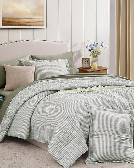 Queen Comforter Set - 7 Pieces Green Gauze Muslin Bedding Sets for All Seasons, Lightweight Breathable Bed in a Bag Queen with Revesible Farmhouse Comforter, Sheets, Pillowcases & Shams