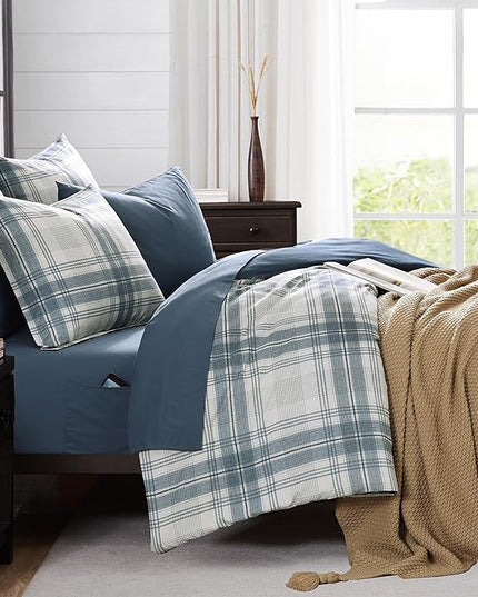 MaiRêve Plaid Queen Comforter Sets, Blue Grey Grid Farmhouse Bedding Set Bed in A Bag, Classic Checkered Comforter Sets with Fitted & Flat Sheet, Pillowcases & Shams(Blue Grey, 90"x90")