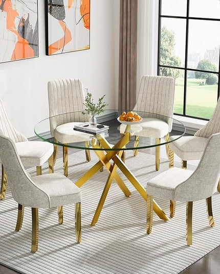 Round Glass Dining Table Set for 6, 47'' Clear Circular Kitchen Table and Chairs Set, 7PCS Modern Circle Dining Room Table Set with 6 Dining Chair for Home