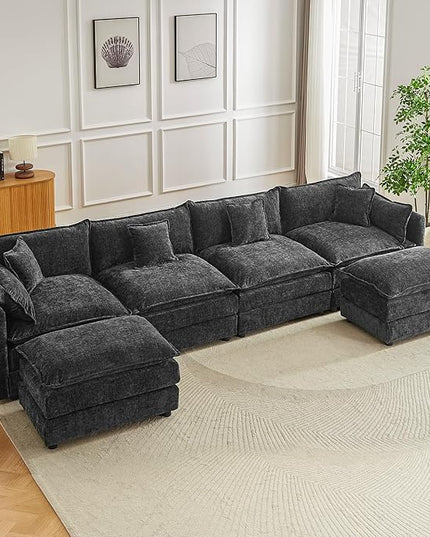 Modular Sectional Sofa, 147.2 Inch U Shaped Couch Set with Armrests, 4-Seater Comfy Cloud Couches with Movable Ottoman for Living Room Apartment, Grey