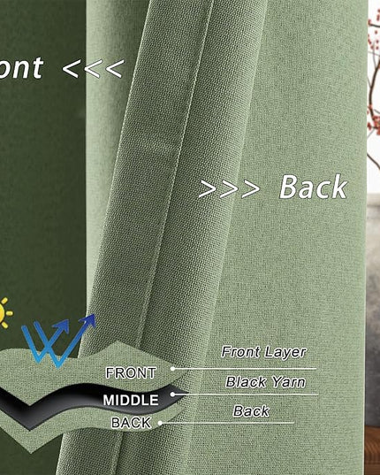 Total Blackout Green Curtains 90 Inches Long for Bedroom Living Room, 100% Blackout Thermal Insulated Linen Look Drapes Room Darkening Grommet Curtains, Sage Green, W52 x L90, 2 Panels