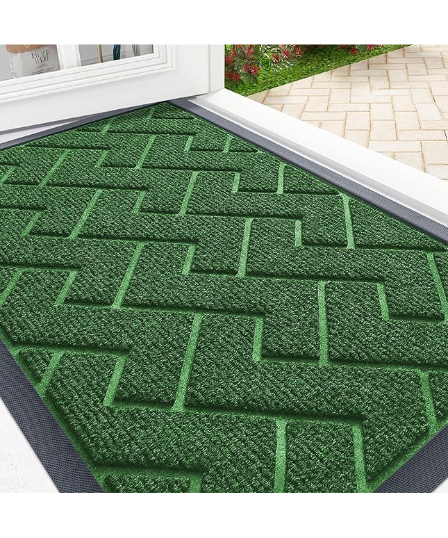 OLANLY Front Door Mat Indoor Outdoor Entrance, Waterproof All-Season, All-Weather Doormat, Sturdy Natural Rubber, Low Profile, Easy Clean Patio Porch Entryway Mat, Herringbone Brick (Green, 35x23)