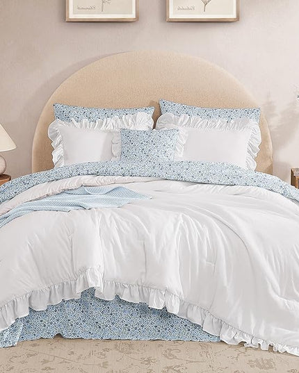 Full Comforter Set - 7 Pieces Ruffle White Bedding Sets, Shabby Chic Farmhouse Bed in a Bag Full with Ruffle Comforter, Floral Sheets, Pillowcases & Shams