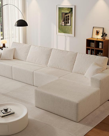 139" Boneless Cloud Sectional Couch for Living Room, Compressed Modular L-Shaped Sofa with Deep Seat, Frameless Corduroy Couch in Boxes, No Assembly Required 4-Seater (Right-Facing Chaise, Beige)