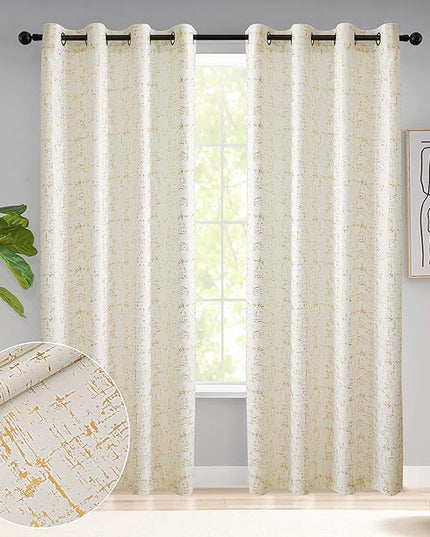 Taisier Home 108" Extra Long Curtains - Gold Foil Geometric Dots Print on Linen Textured Fabric, Shimmery & Modern Decorative Window Drapes for Bedroom & Living Room (2 Panels, Off White & Gold)
