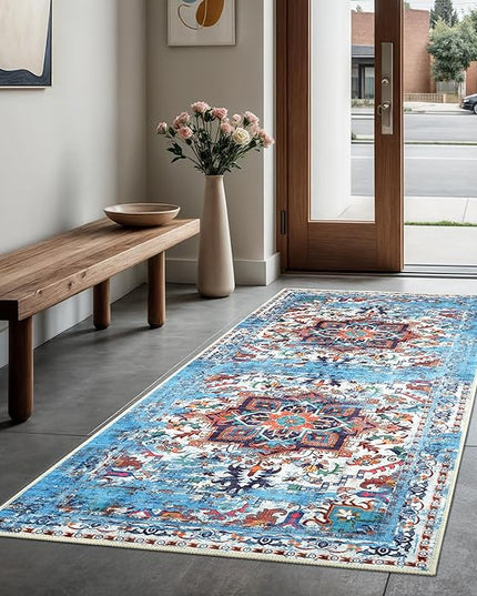 GLN Rugs Traditional Collection - Machine Washable Area Rug, Traditional Washable, Non Slip, Low Pile Chenille Rug, Living Room, Bedroom, Kitchen Rug (2'6"x10' Blue)