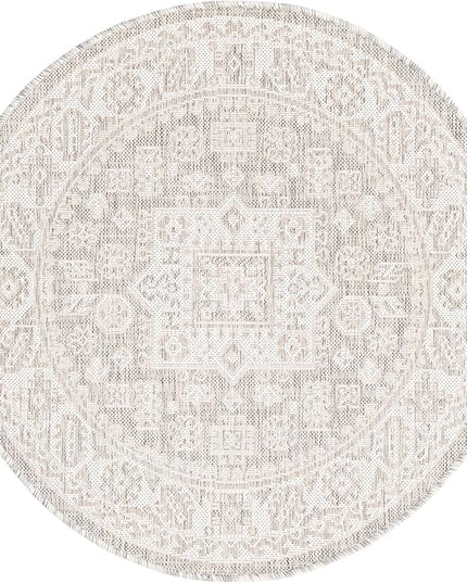 Rugs.com Outdoor Aztec Collection Rug – 3 Ft Round Light Gray Flatweave Rug Perfect for Kitchens, Dining Rooms