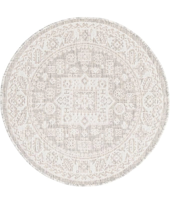 Rugs.com Outdoor Aztec Collection Rug – 3 Ft Round Light Gray Flatweave Rug Perfect for Kitchens, Dining Rooms