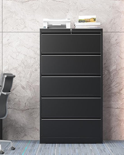 5 Drawer Lateral File Cabinet with Lock, Metal File Cabinet, Lateral File Cabinets for Home Office, Heavy Duty File Storage Cabinet for Legal/Letter/A4 Document, Assembly Required, Black