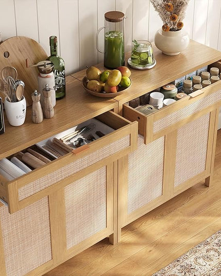 YOUDENOVA 60.3" Sideboard Buffet Cabinet, Rattan Storage Cabinet with 4 Doors & 2 Drawers, Boho Kitchen Cupboard Console with Adjustable Shelves for Dining Room, Living Room, Natural Oak