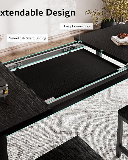 iPormis 7-Piece Dining Table Set with 6 Stools, 63" Extendable Kitchen Table Set for 4-8, Modern Dining Room Table with Sturdy Metal Frame, Space-Saving Dinette, Black