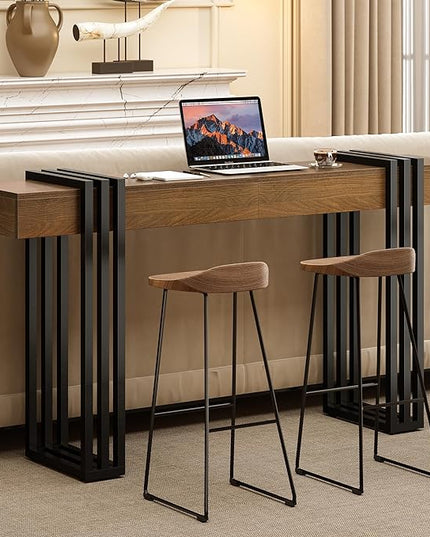 63" Long Console Table for Entryway - Behind Couch Table for Living Room, Wood Sofa Tables with Black Parallel Metal Frame & Power Outlet for Hallway, Entrance, Narrow Foyer, Walnut