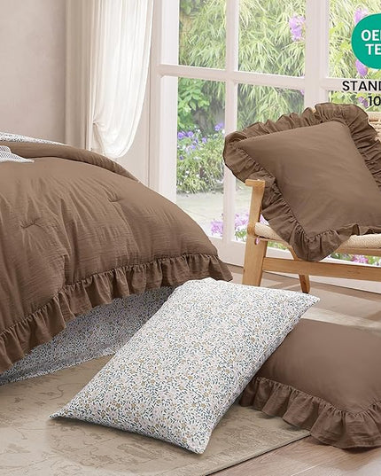 King Comforter Set - 7 Pieces Ruffle Amber Brown Bedding Sets, Shabby Chic Farmhouse Bed in a Bag with Ruffle Comforter, Floral Sheets, Pillowcases & Shams