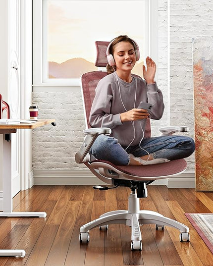 GABRYLLY Ergonomic Office Chair, High Back Home Desk Chair with Headrest, Flip-Up Arms, 90-120° Tilt Lock and Wide Cushion, 400LBS Mesh Chairs for Man Woman, White Task Chair(Red,GY01WR)