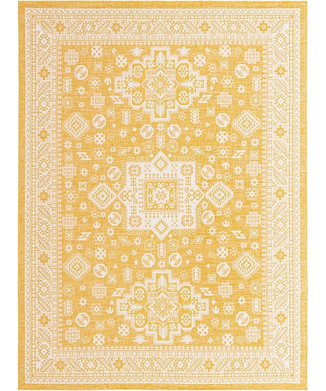 Rugs.com Outdoor Aztec Collection Rug – 9' x 12' Yellow Flatweave Rug Perfect for Living Rooms, Large Dining Rooms, Open Floorplans