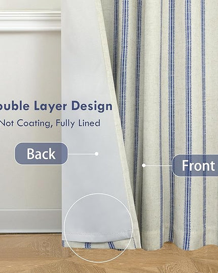 DriftAway Farmhouse Linen Blend Blackout Curtains 120 Inches Long for Bedroom Vertical Striped Printed Linen Curtains Thermal Insulated Lined Treatments for Living Room 2 Panels W52 x L120 Linen Navy