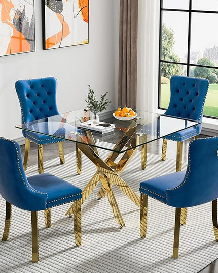 Glass Dining Table Set for 4, Square 36" Dining Table with Gold Cross Metal Leg, 4 Blue Velvet Dining Chairs with Stainless Steel Legs, Modern Glass Kitchen Table and Chairs Set for Small Space