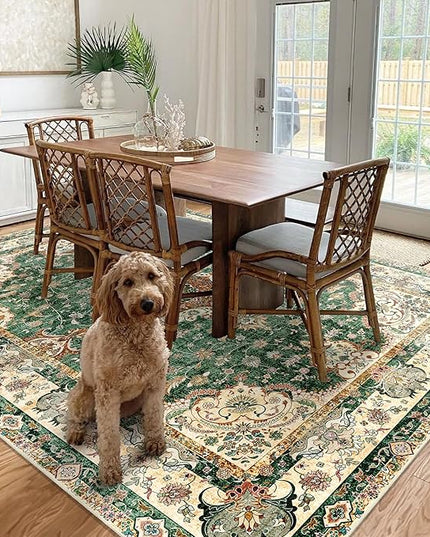 8'x10' Area Rugs Washable,Green Rug for Living Room Bedroom Dining Room,Large Boho Vintage Bohemian Distressed Oriental Carpet Non Slip,Retro Sage Floral
