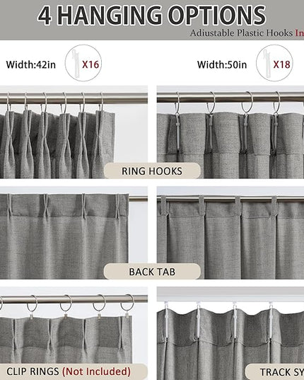 RAIN CITY Grey Linen Pinch Pleated Semi Sheer Curtains 100 Inches Long, Textured Back Tab Drapes with Hooks for Bedroom Living Room 50 Each Wide 2 Panels Set