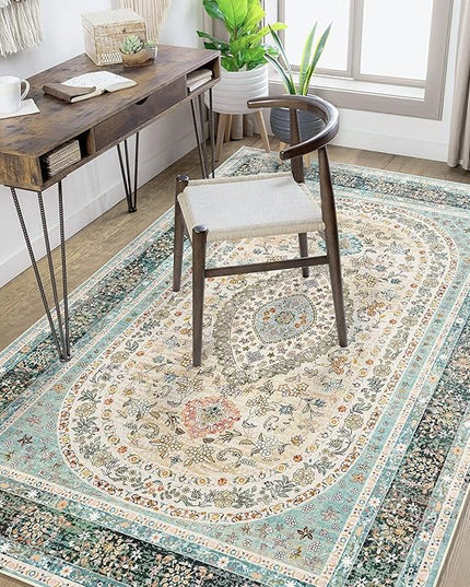 Blue Rug 4x6.5,Washable Area Rugs for Bedroom Living Room Kitchen Entryway,Small Boho Vintage Bohemian Distressed Oriental Non Slip Carpet,Floral